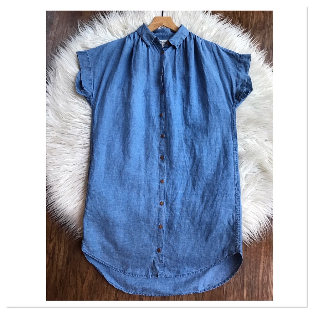 Madewell Central Linen Blend Button Up Shirt Dress Blue Chambray Size S